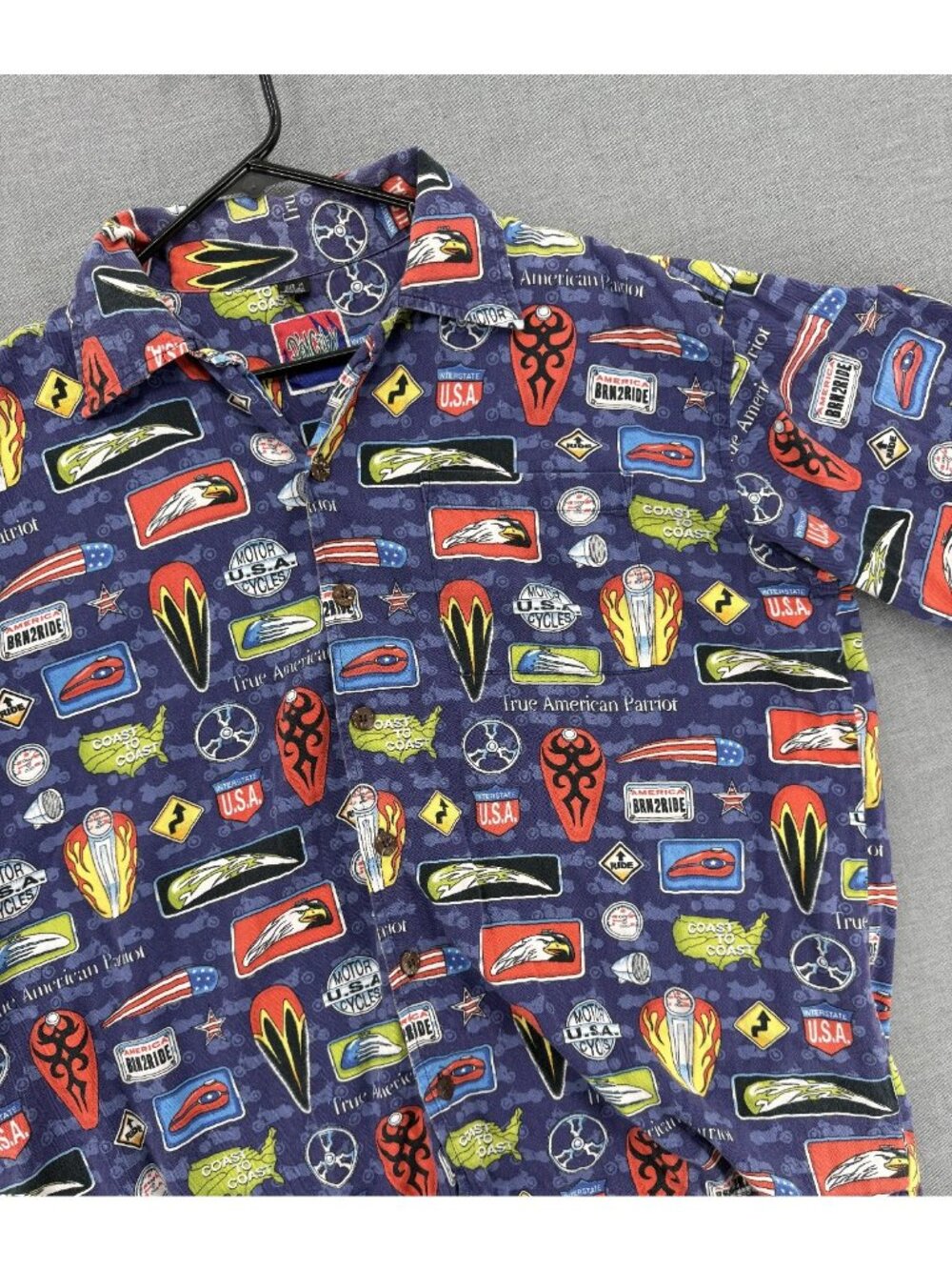 Vtg Dem Crazy Camp Shirt Mens XL Blue Road Trip Print Hawaiian Viscose